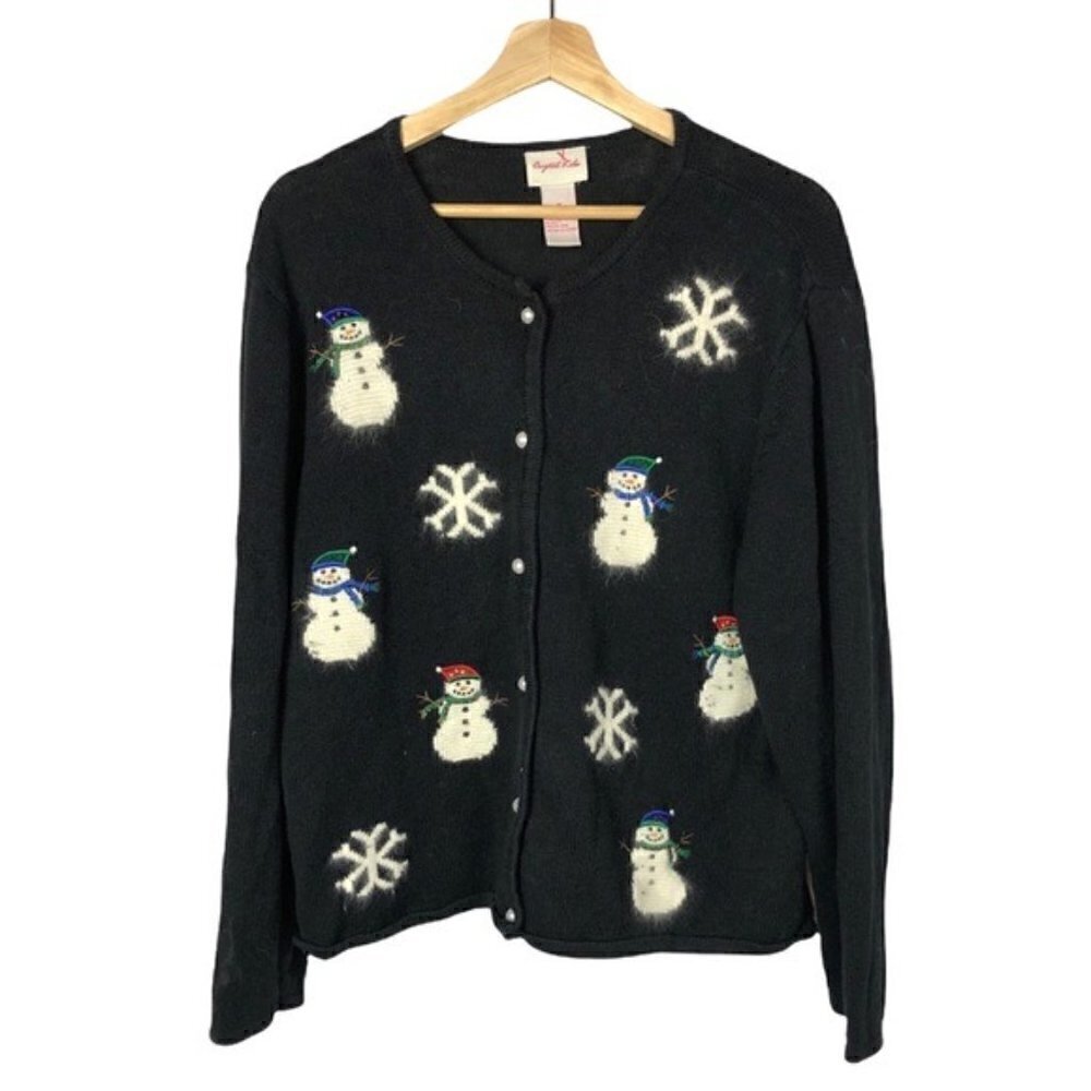 Crystal‎ Kobe Black Button Down Snowman Snowflake Tacky Christmas Sweater M